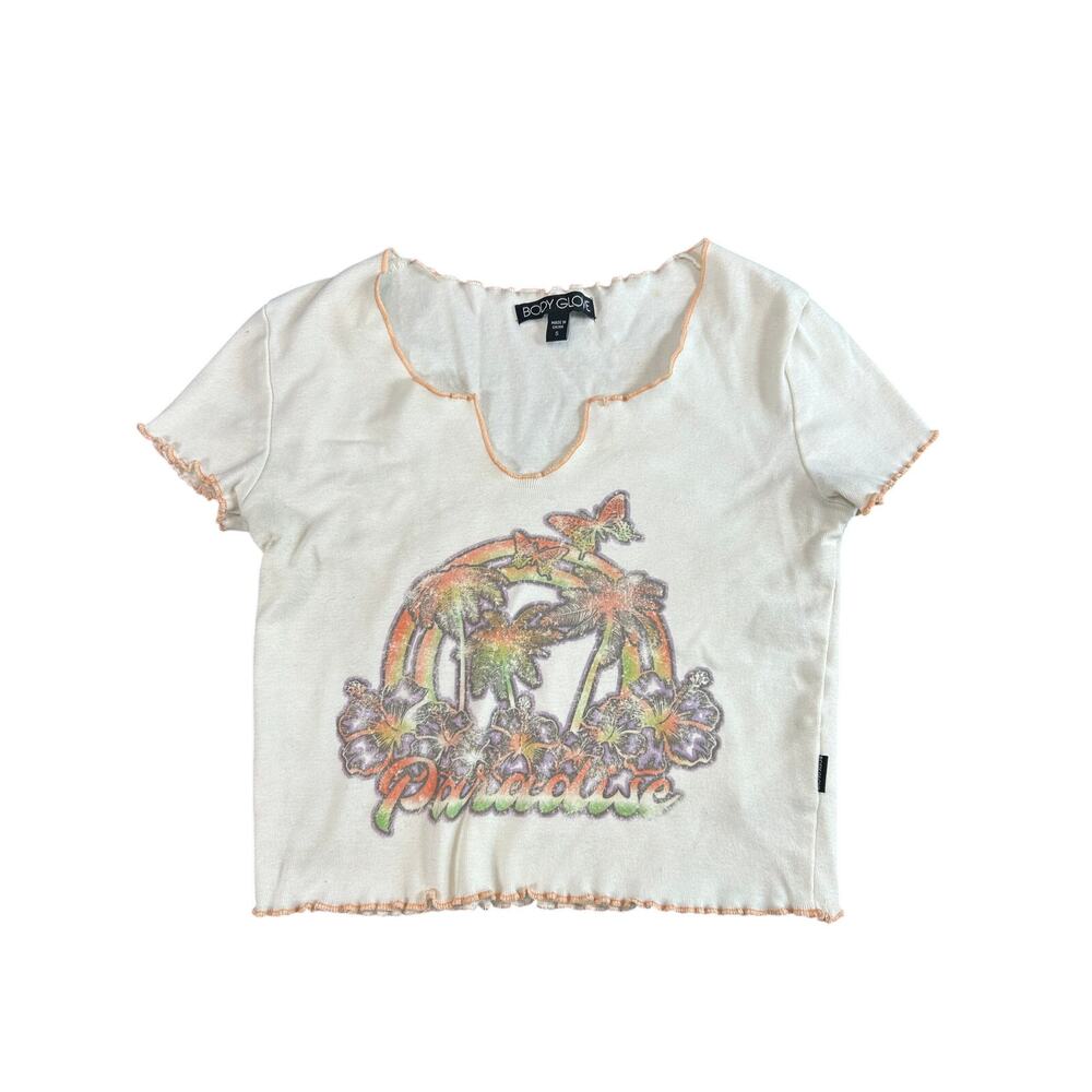 Body Glove- Crop Ruffle Edge Cotton Tee- Small- Tiny Stain- Paradise- Babydoll